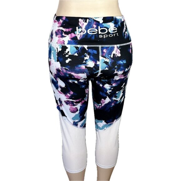 Bebe L White Multicolor Paint Splash Print 4 Way Stretch Mesh Legs Capri Pants - Picture 4 of 6